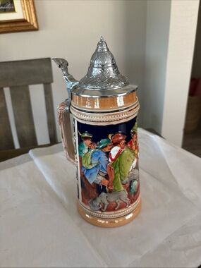 German Stoneware Beer Stein Pewter Lid Raised Couples Drinking Beer & Castle